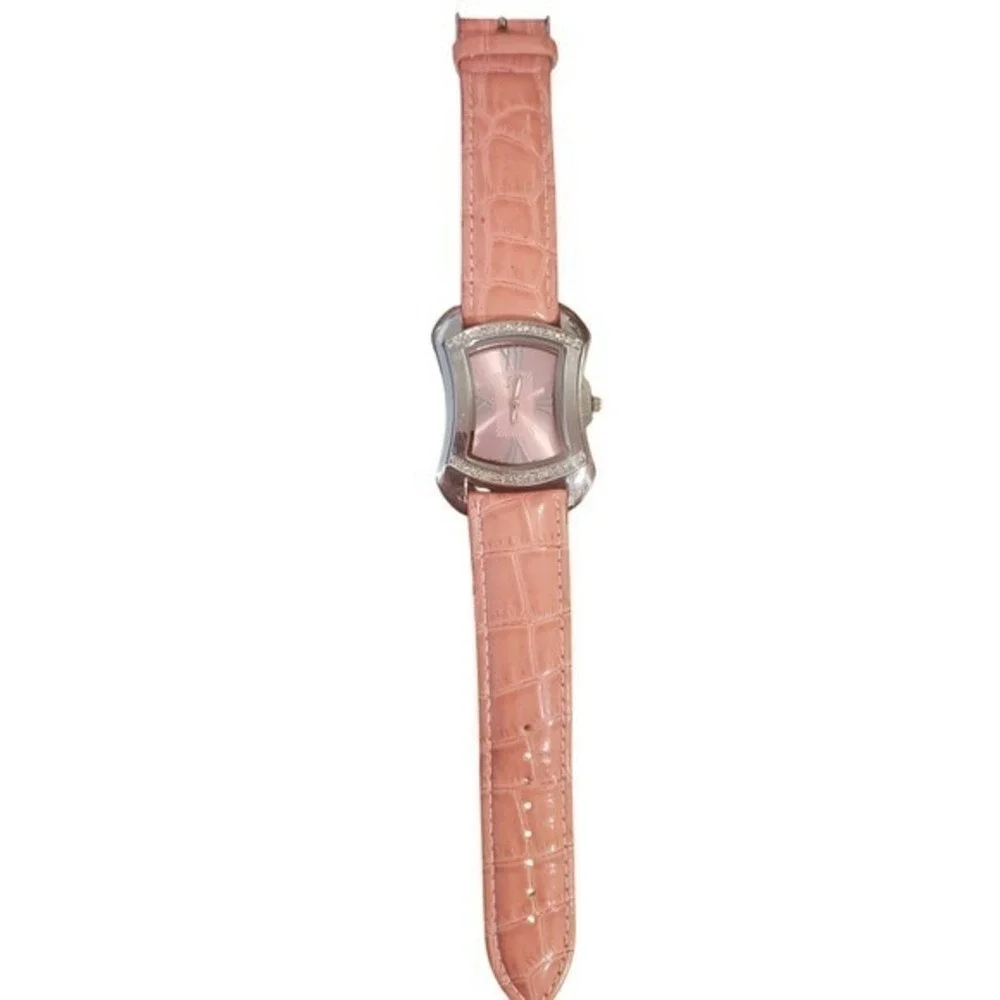 Brighton Rhinestone Bezel Pink Croco Embossed Genuine Leather‎ Strap Watch Women